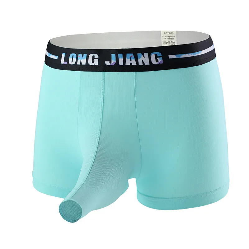 Men's solid-colour ice silk boxer shorts in a mid-waist trunk design on a white background