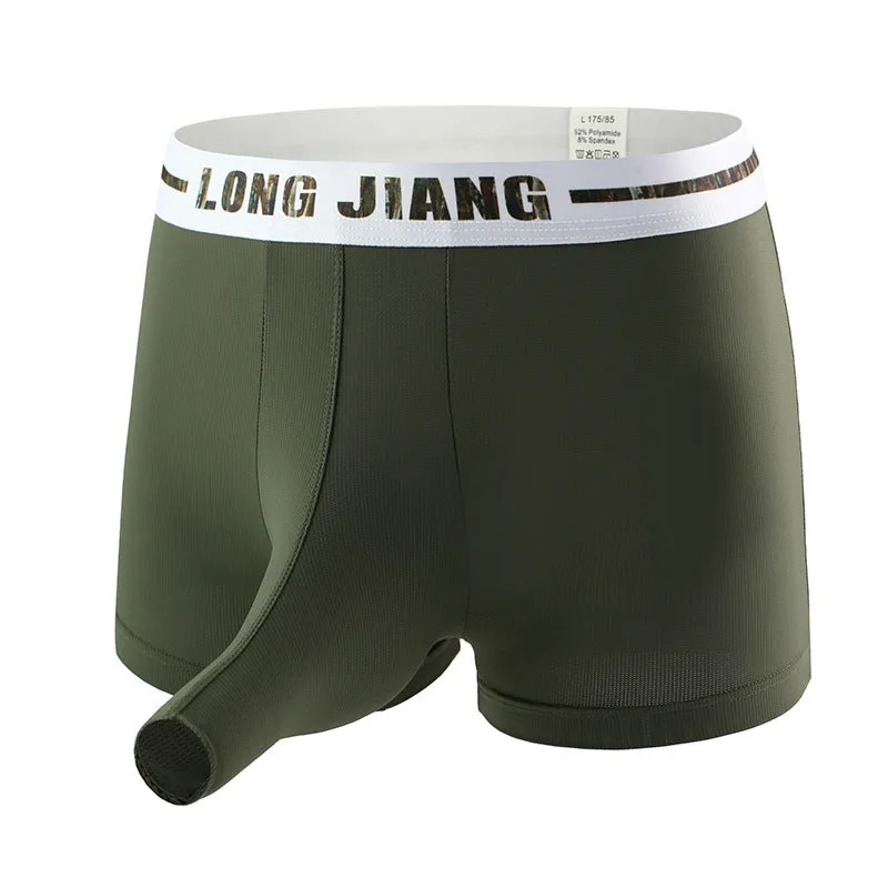 Men's solid-colour ice silk boxer shorts in a mid-waist trunk design on a white background