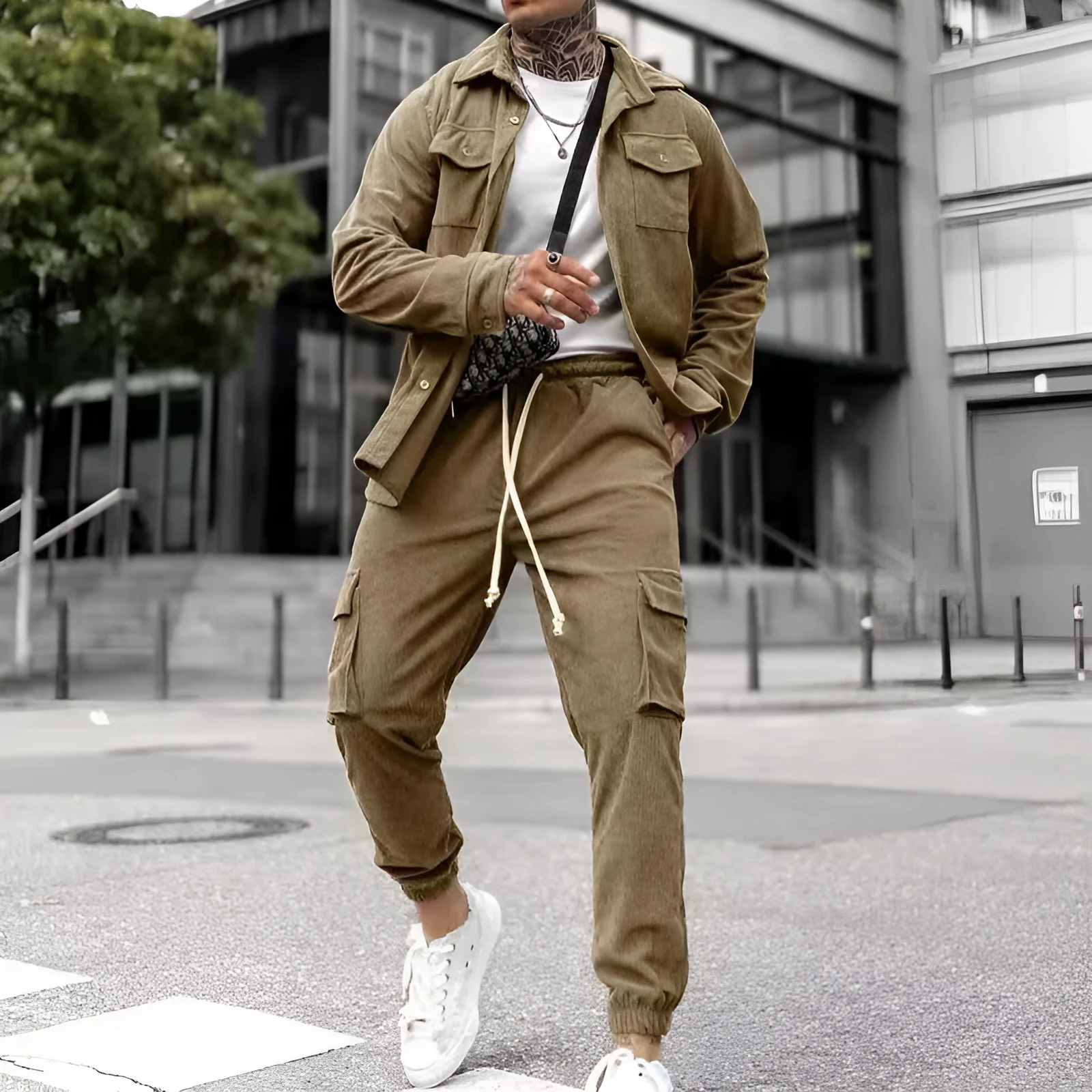 Men's cotton blend fashion casual sports suit in army green with long sleeve jacket and matching trousers for autumn wear