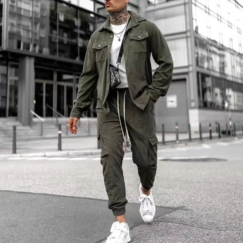 Men's cotton blend fashion casual sports suit in army green with long sleeve jacket and matching trousers for autumn wear