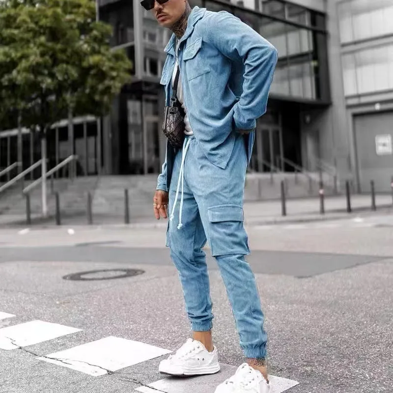 Men's cotton blend fashion casual sports suit in army green with long sleeve jacket and matching trousers for autumn wear