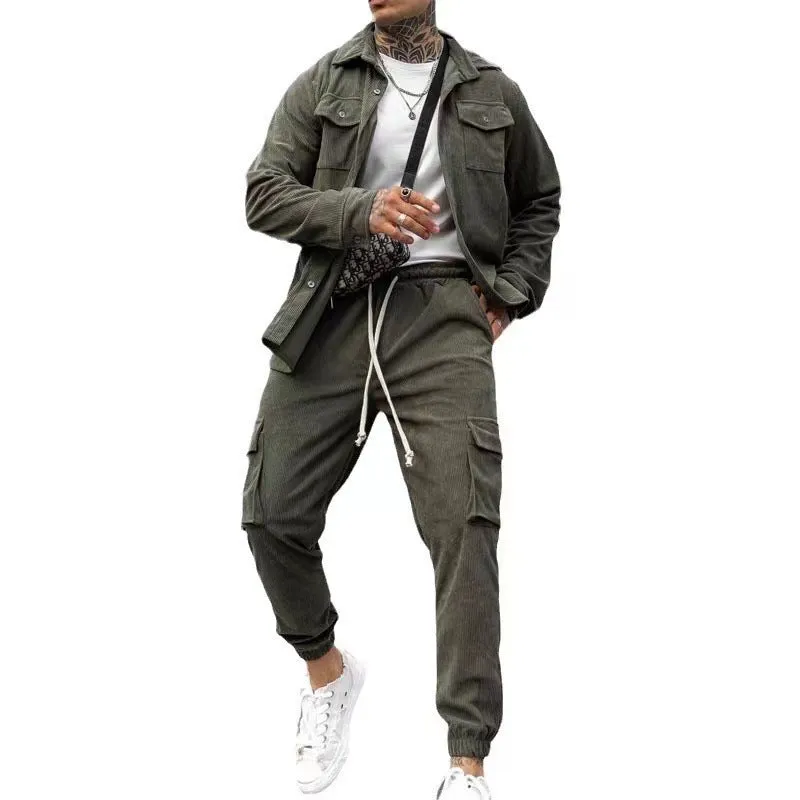 Men's cotton blend fashion casual sports suit in army green with long sleeve jacket and matching trousers for autumn wear