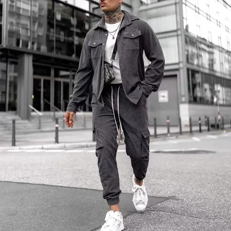 Men's cotton blend fashion casual sports suit in army green with long sleeve jacket and matching trousers for autumn wear