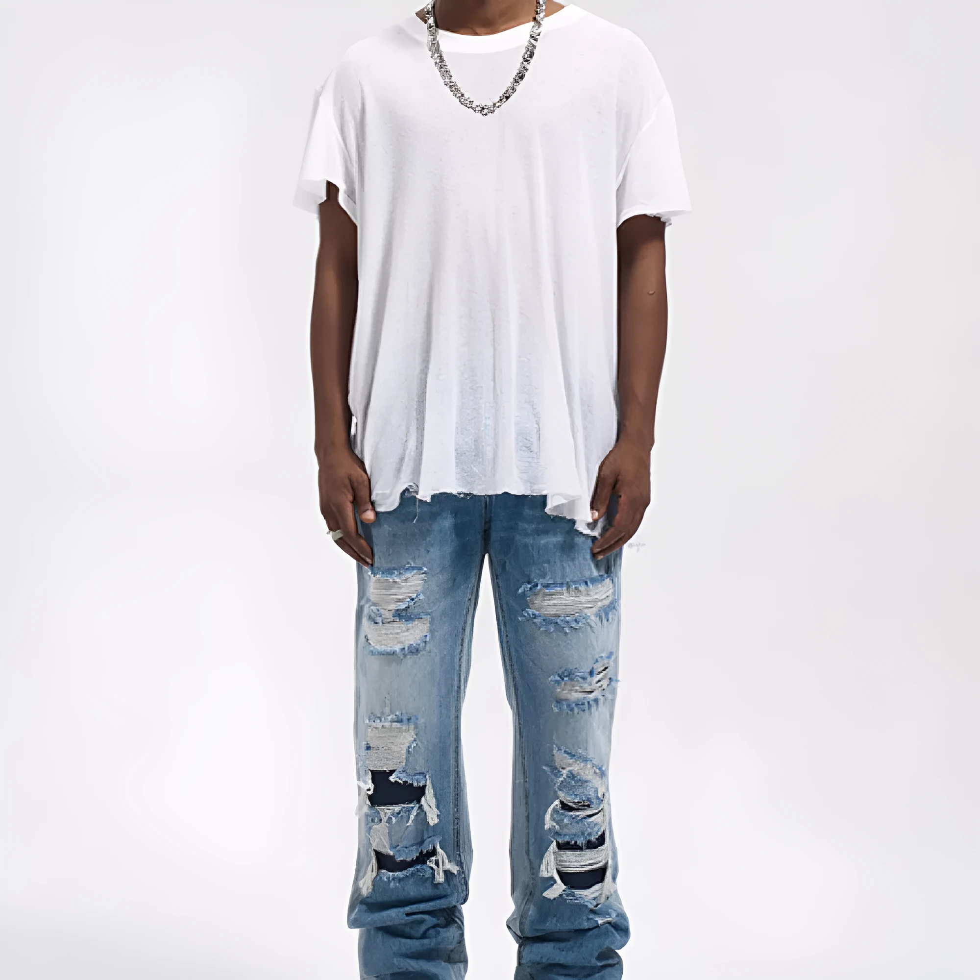Vintage loose casual jeans for men in wash blue denim with relaxed fit and straight leg design