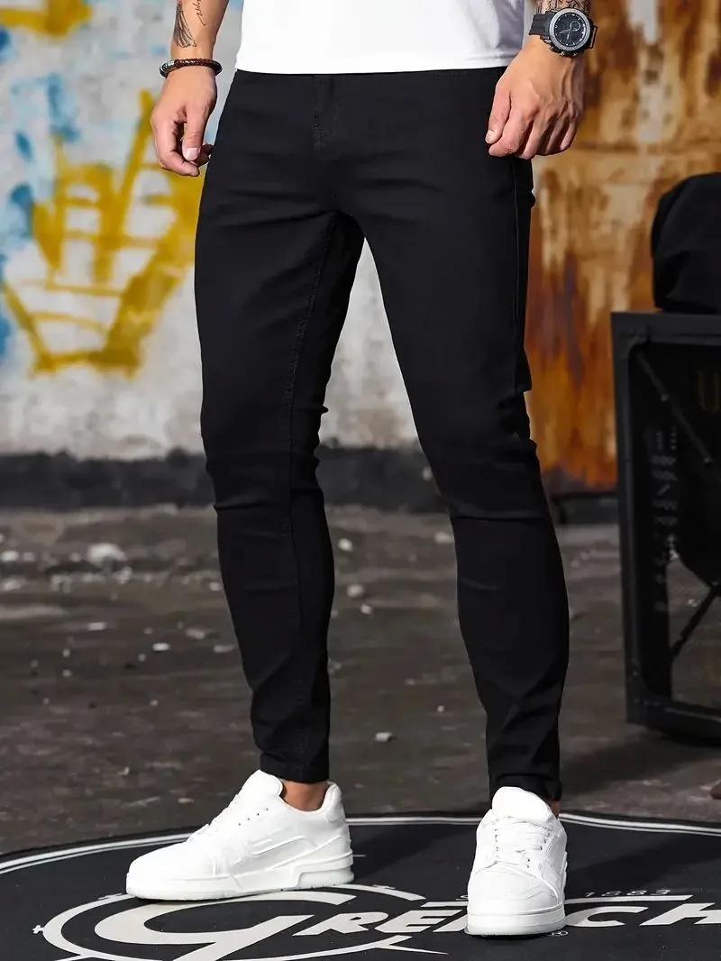 Men's retro washing stretch slim fit jeans in blue, front view, five-quarter length