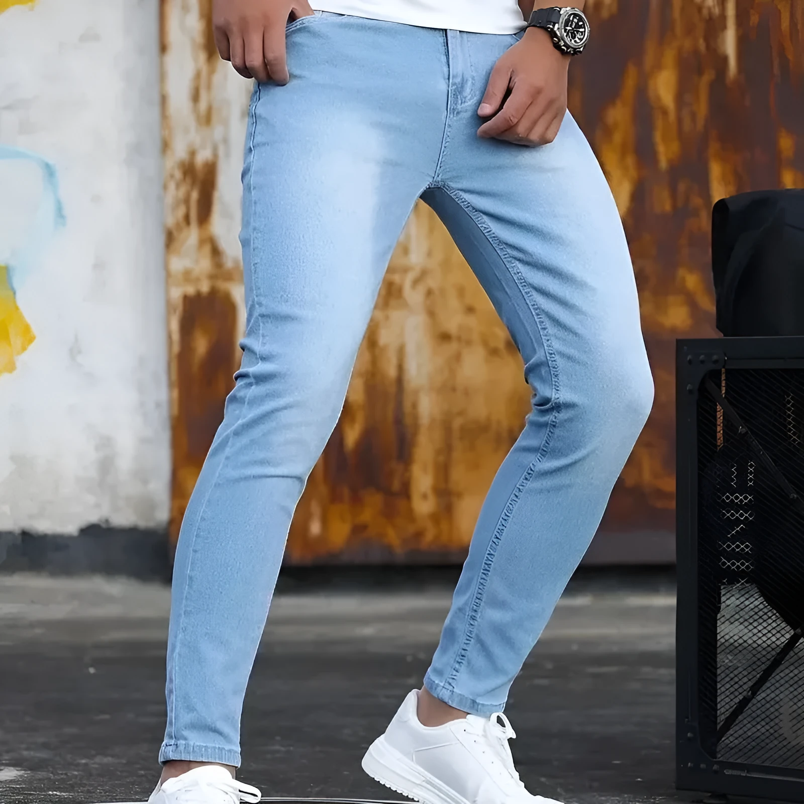 Men's retro washing stretch slim fit jeans in blue, front view, five-quarter length