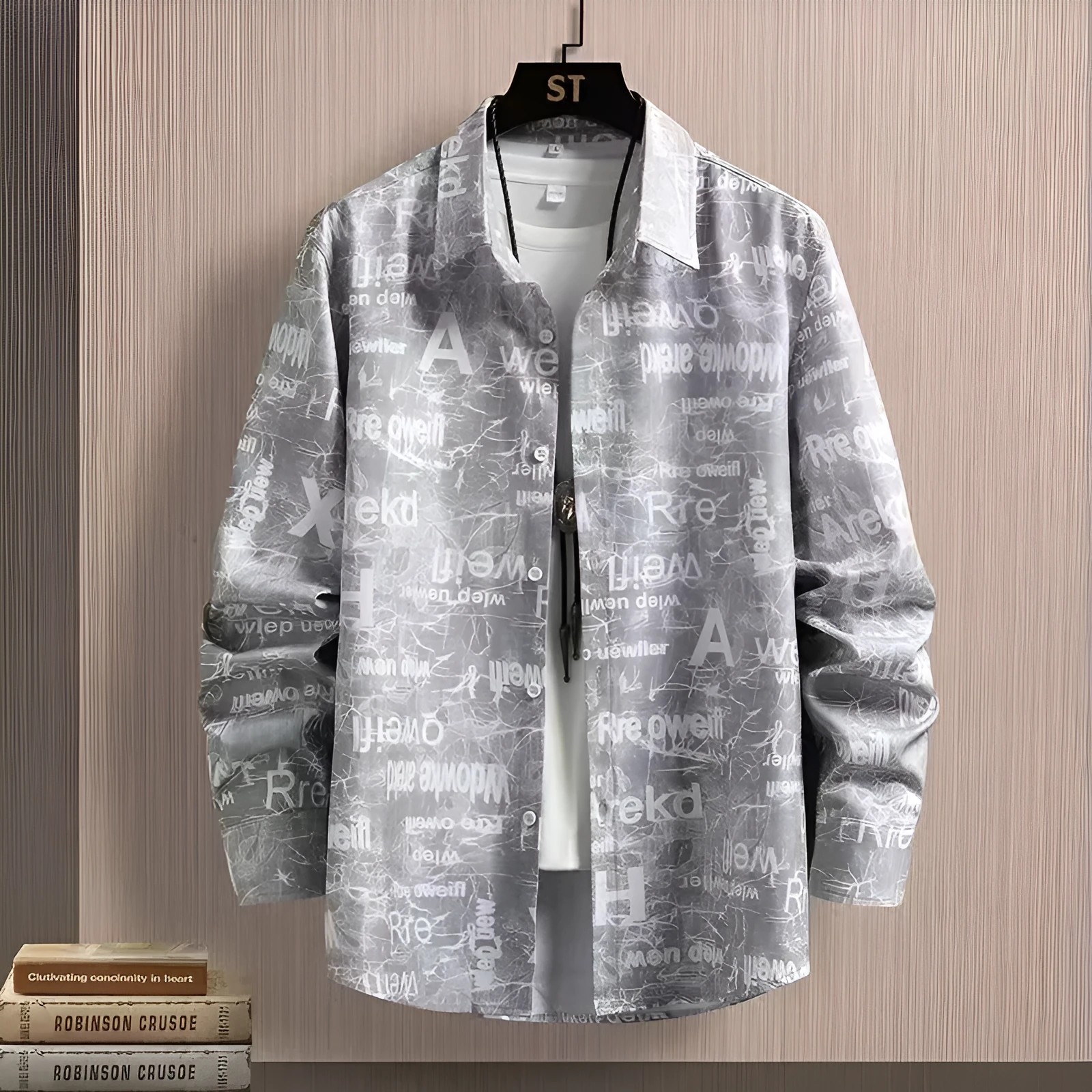 Men's long sleeve letter print shirt in casual street style, lightweight thin fabric, available in multiple sizes