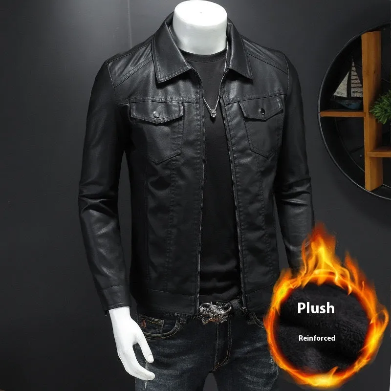 Men's PU leather quilted casual jacket, short length, side seam pockets, nylon lining, regular fit.