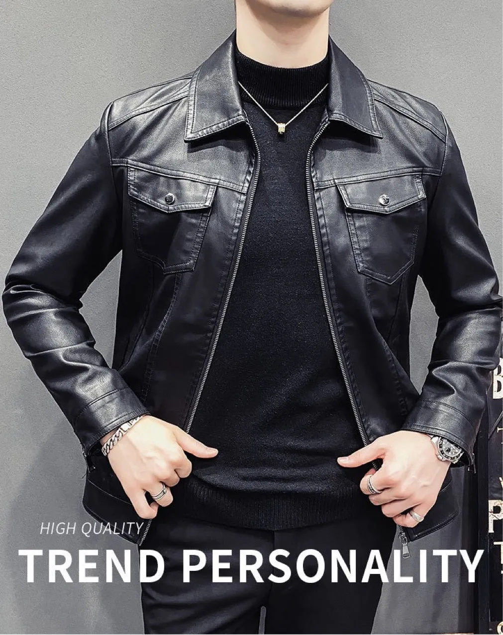 Men's PU leather quilted casual jacket, short length, side seam pockets, nylon lining, regular fit.