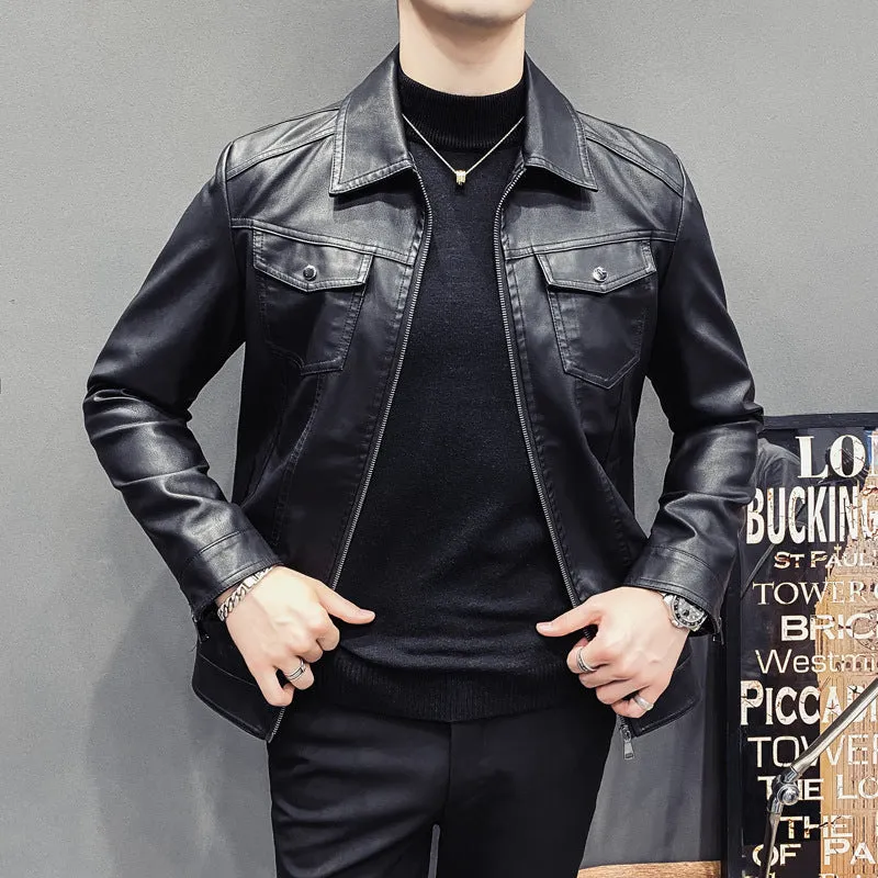 Men's PU leather quilted casual jacket, short length, side seam pockets, nylon lining, regular fit.