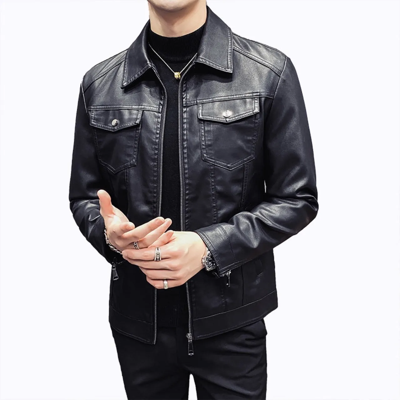 Men's PU leather quilted casual jacket, short length, side seam pockets, nylon lining, regular fit.