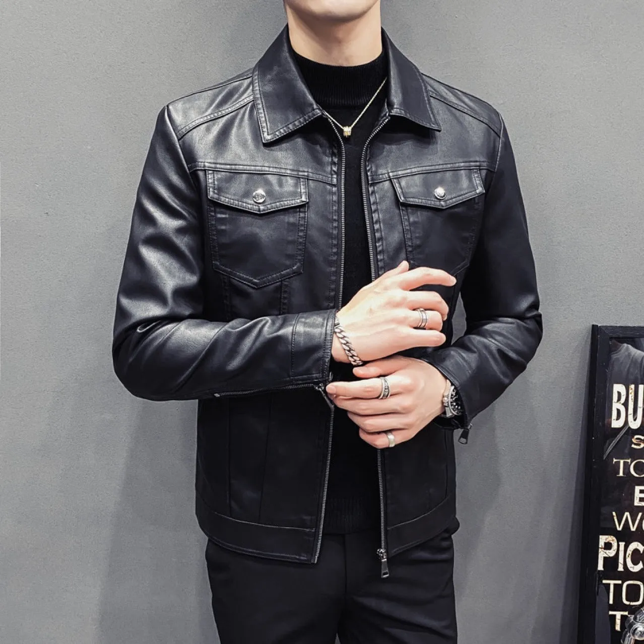 Men's PU leather quilted casual jacket, short length, side seam pockets, nylon lining, regular fit.