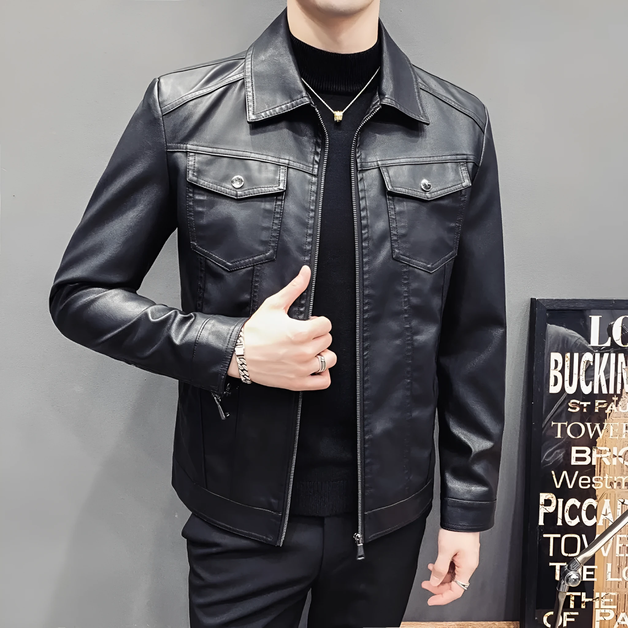 Men's PU leather quilted casual jacket, short length, side seam pockets, nylon lining, regular fit.