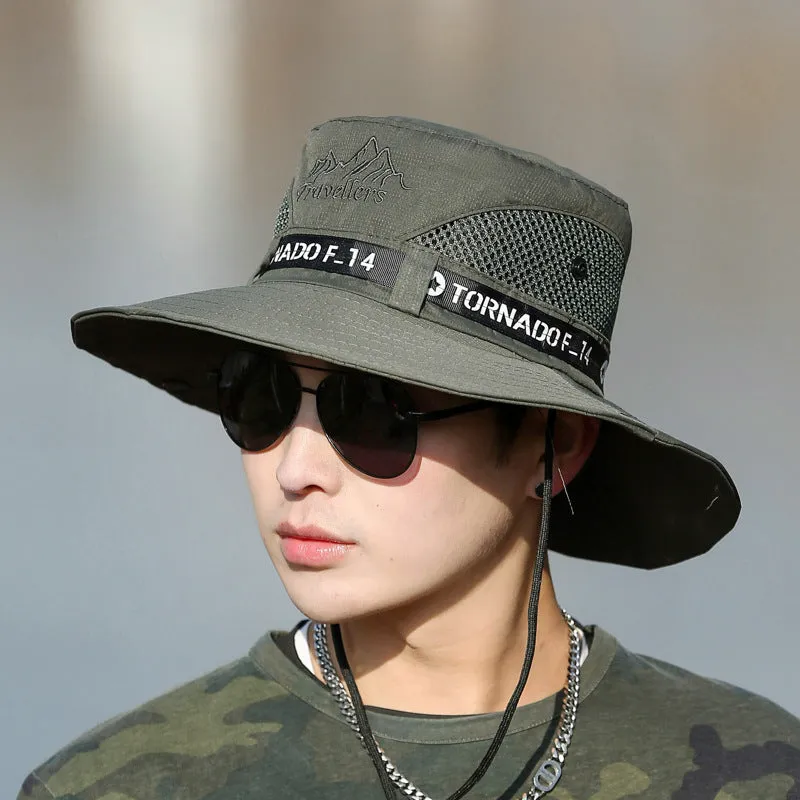 Large brim sun hat for men in khaki with letter print and flat top style