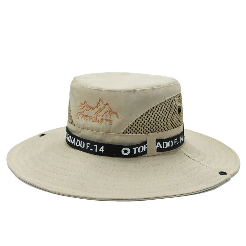 Large brim sun hat for men in khaki with letter print and flat top style