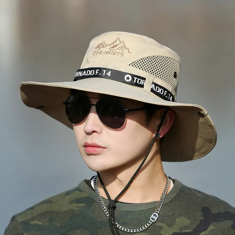 Large brim sun hat for men in khaki with letter print and flat top style