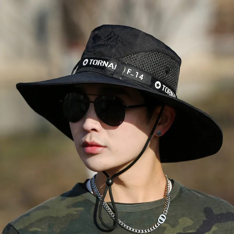 Large brim sun hat for men in khaki with letter print and flat top style