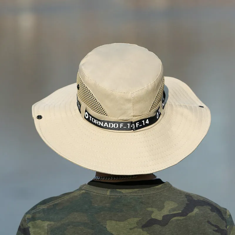 Large brim sun hat for men in khaki with letter print and flat top style