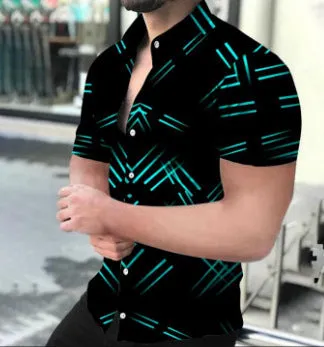 Men's digital printed slim-fit lapel shirt in cardigan style, polyester fibre, multiple colours and sizes S-5XL