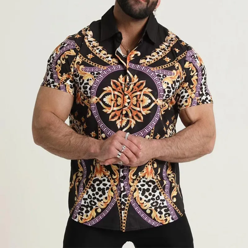 Men's digital printed slim-fit lapel shirt in cardigan style, polyester fibre, multiple colours and sizes S-5XL