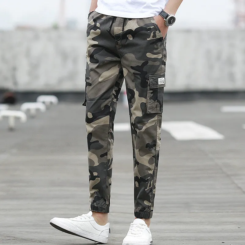 Men's camouflage multi-pocket nine-tenths cargo pants with elastic waist in army green colour