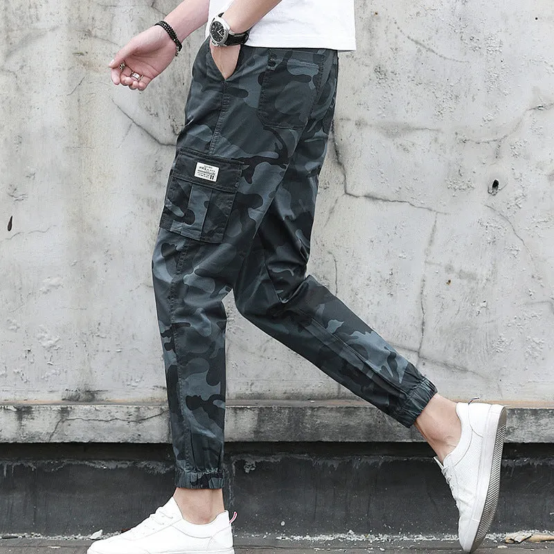 Men's camouflage multi-pocket nine-tenths cargo pants with elastic waist in army green colour