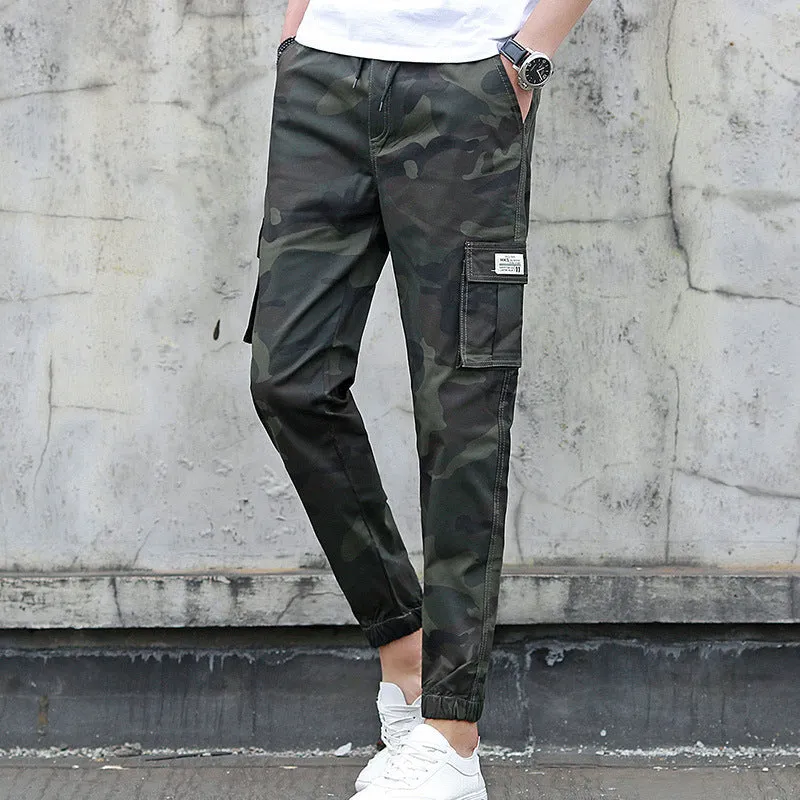 Men's camouflage multi-pocket nine-tenths cargo pants with elastic waist in army green colour