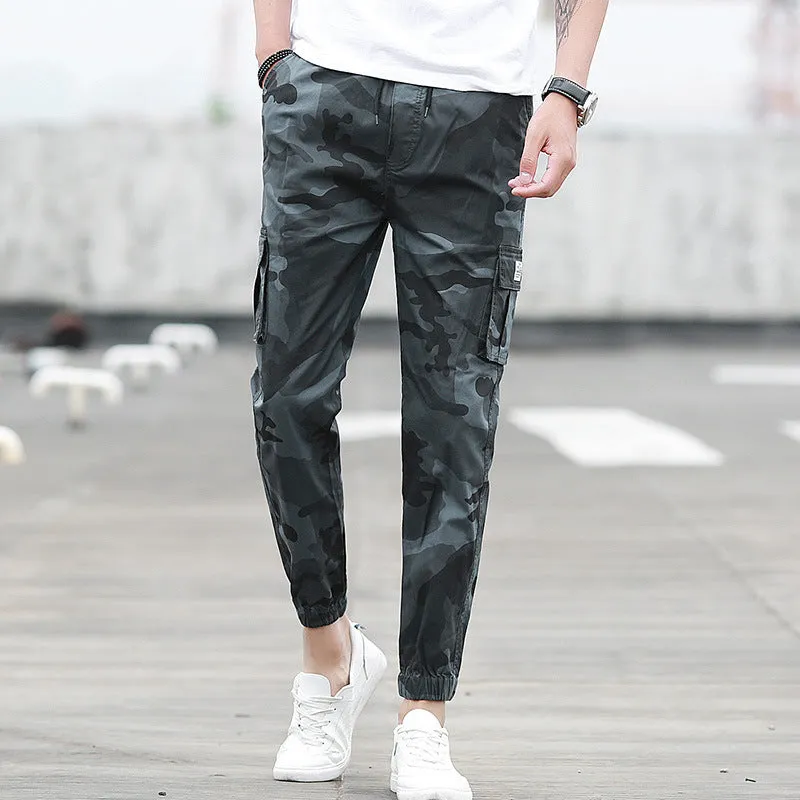 Men's camouflage multi-pocket nine-tenths cargo pants with elastic waist in army green colour