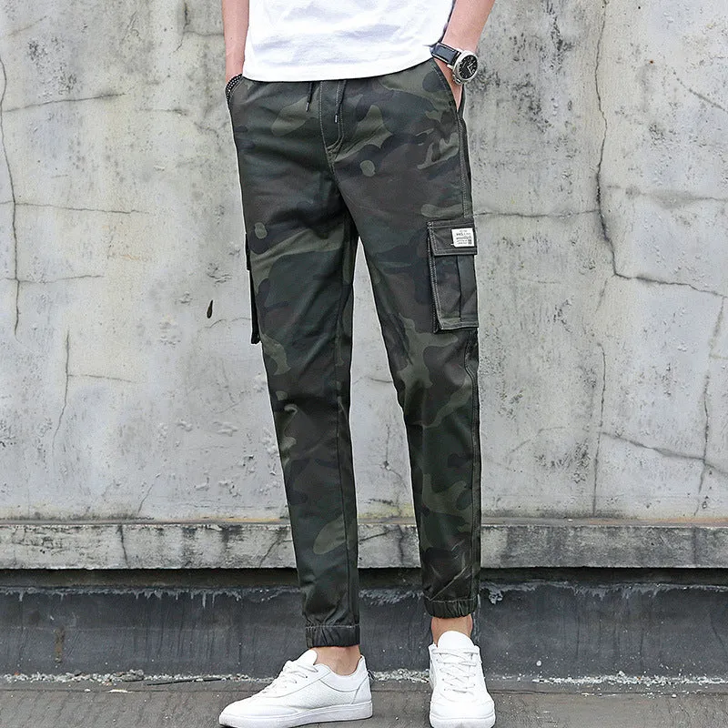 Men's camouflage multi-pocket nine-tenths cargo pants with elastic waist in army green colour