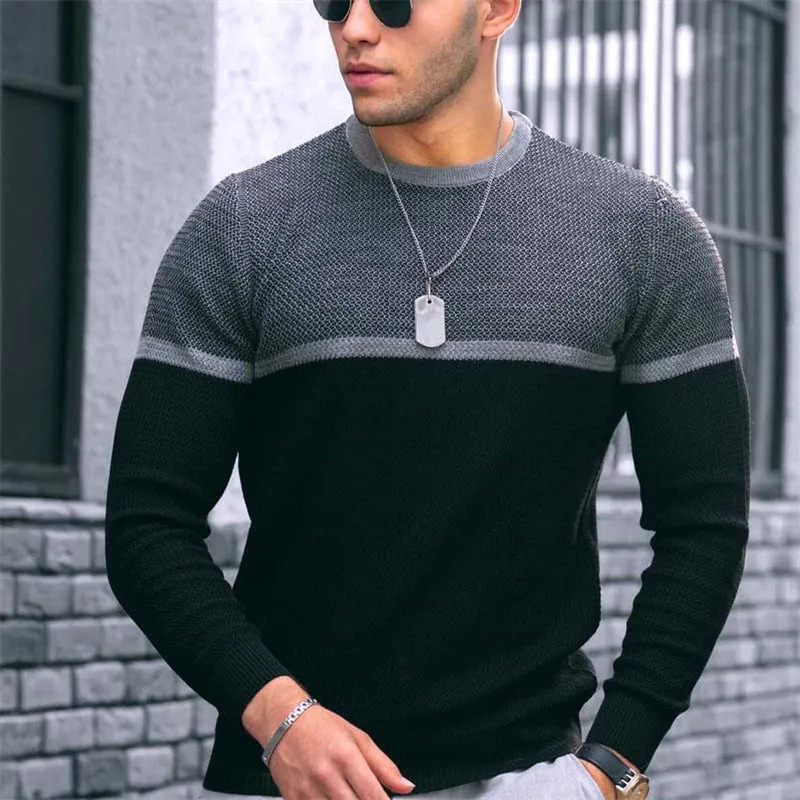 Men's Harajuku striped loose fit long sleeve T-shirt in black grey with round neck