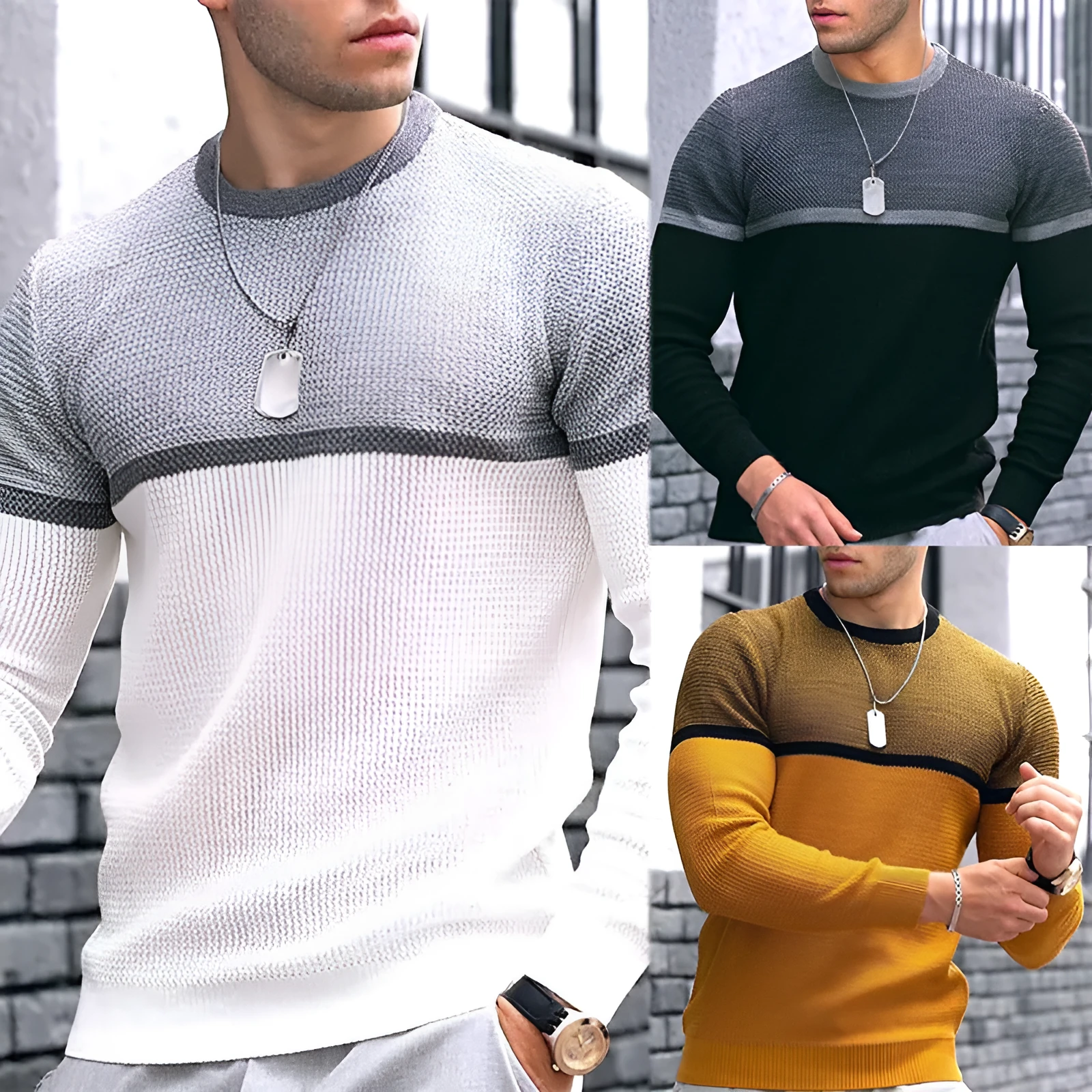 Men's Harajuku striped loose fit long sleeve T-shirt in black grey with round neck