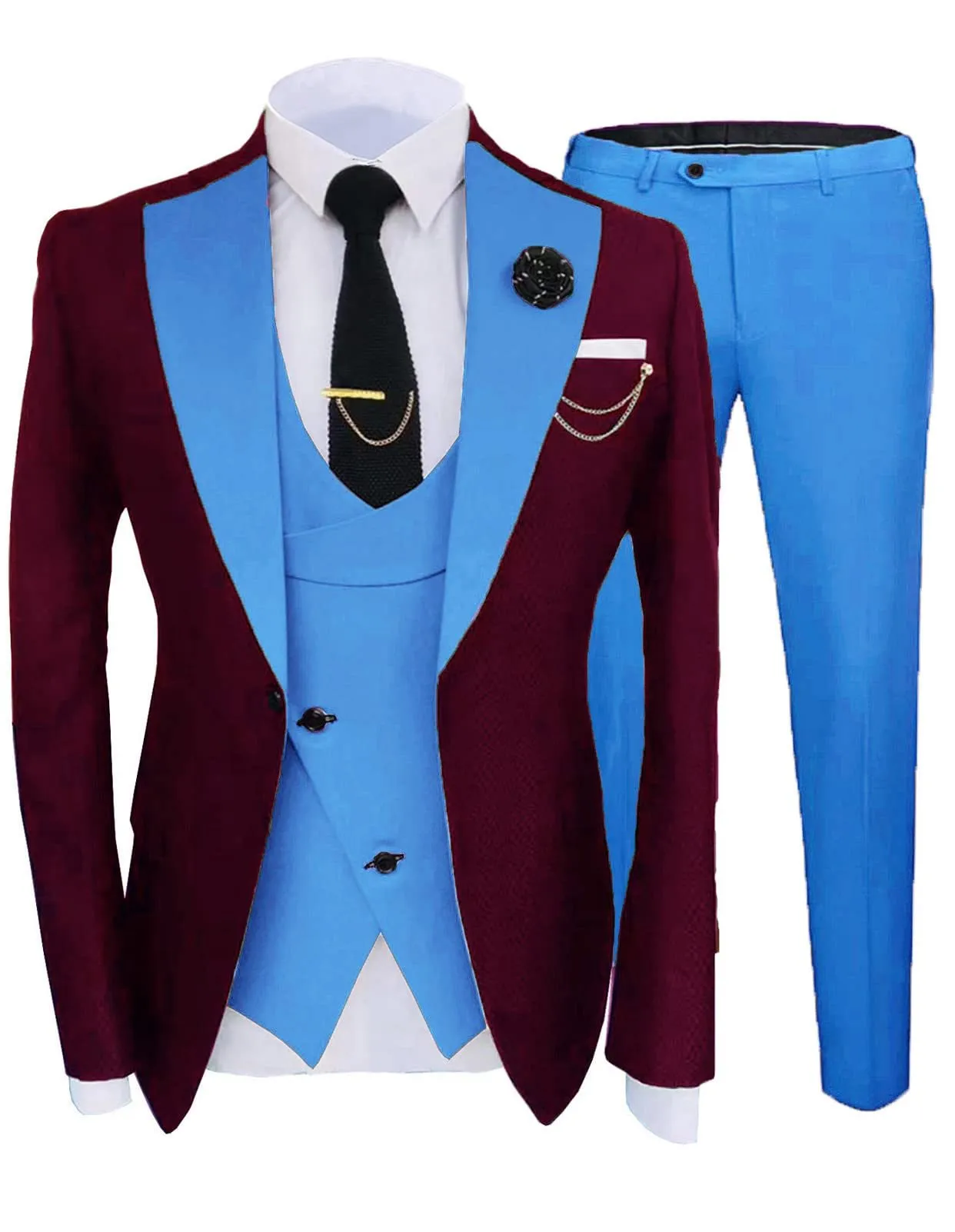 Men's three-piece slim fit cotton wedding suit in light business style, including coat, trousers, and vest