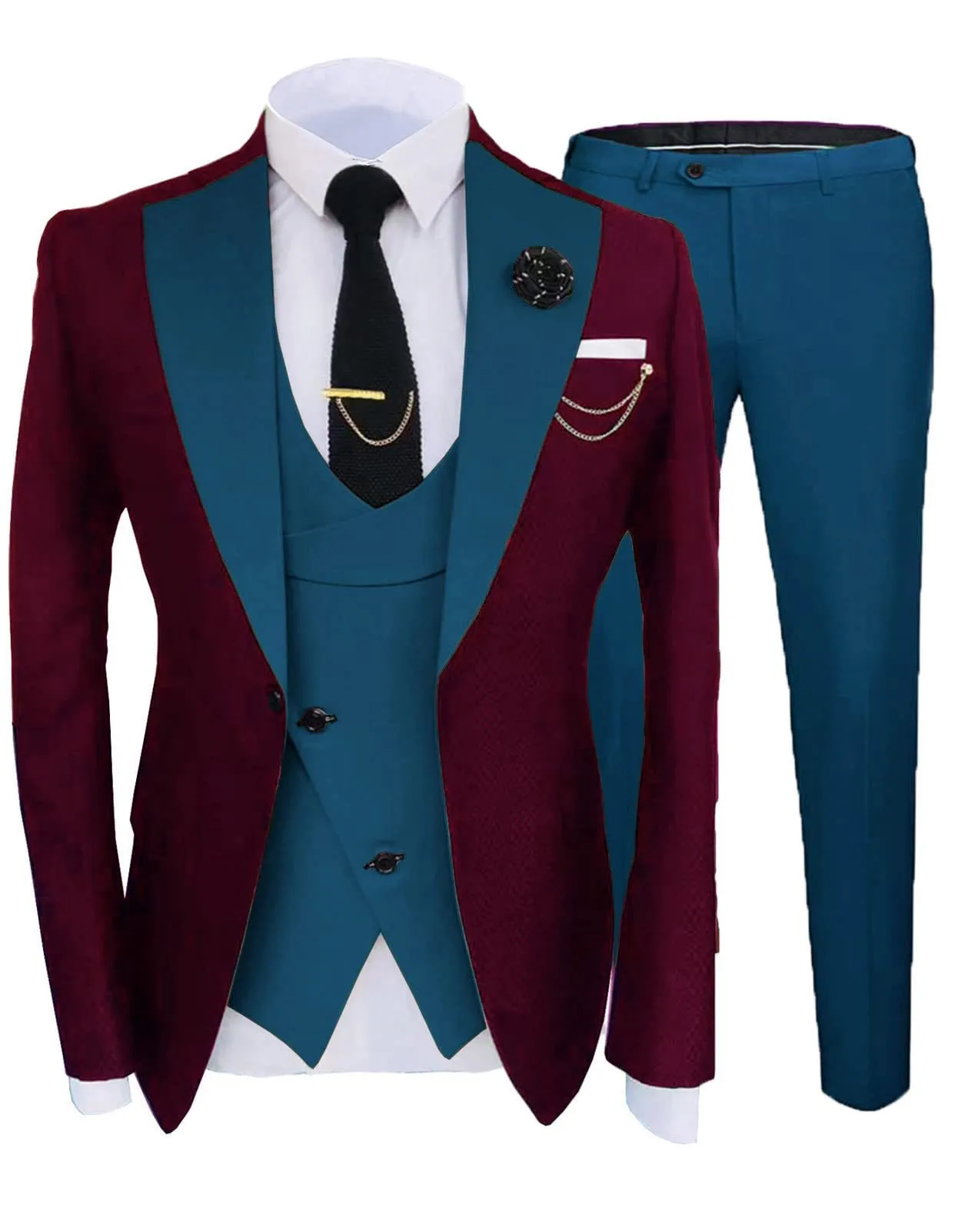 Men's three-piece slim fit cotton wedding suit in light business style, including coat, trousers, and vest