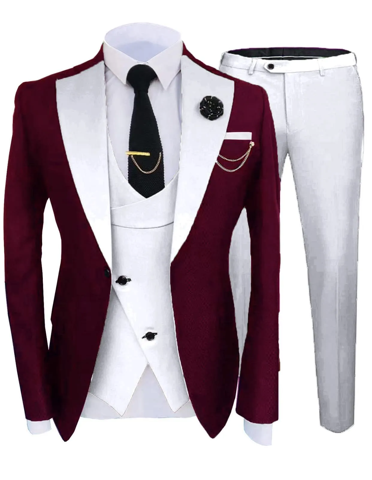 Men's three-piece slim fit cotton wedding suit in light business style, including coat, trousers, and vest
