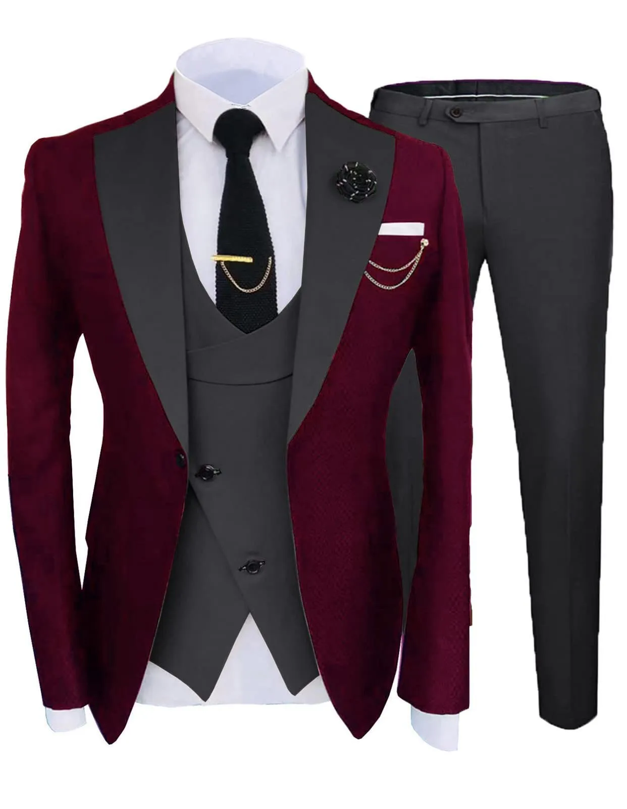 Men's three-piece slim fit cotton wedding suit in light business style, including coat, trousers, and vest