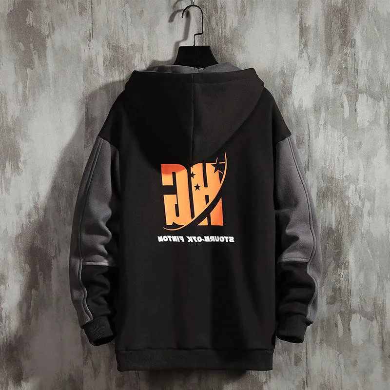 Men's Korean style fleece pullover hoodie in black with a hood and long sleeves