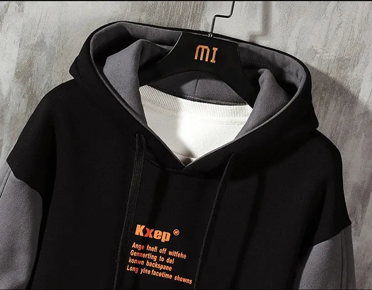 Men's Korean style fleece pullover hoodie in black with a hood and long sleeves