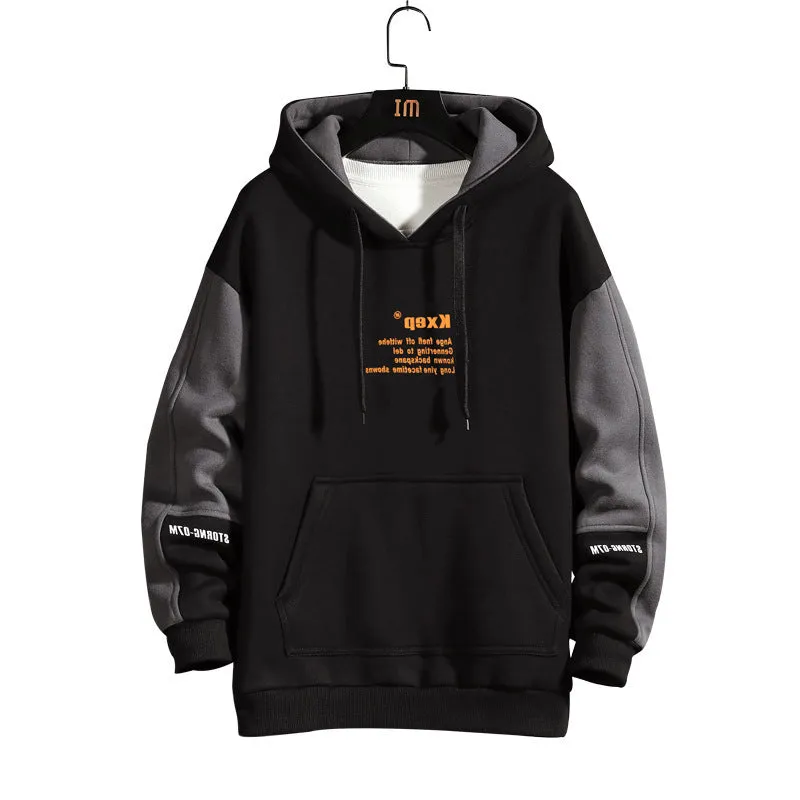 Men's Korean style fleece pullover hoodie in black with a hood and long sleeves