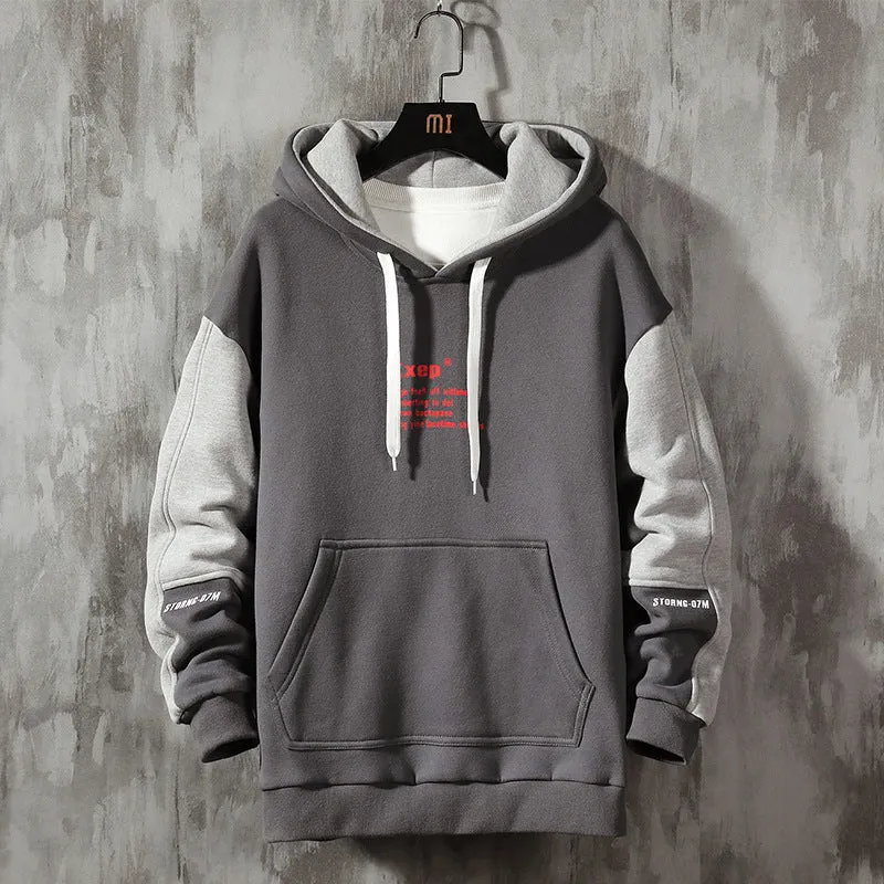 Men's Korean style fleece pullover hoodie in black with a hood and long sleeves