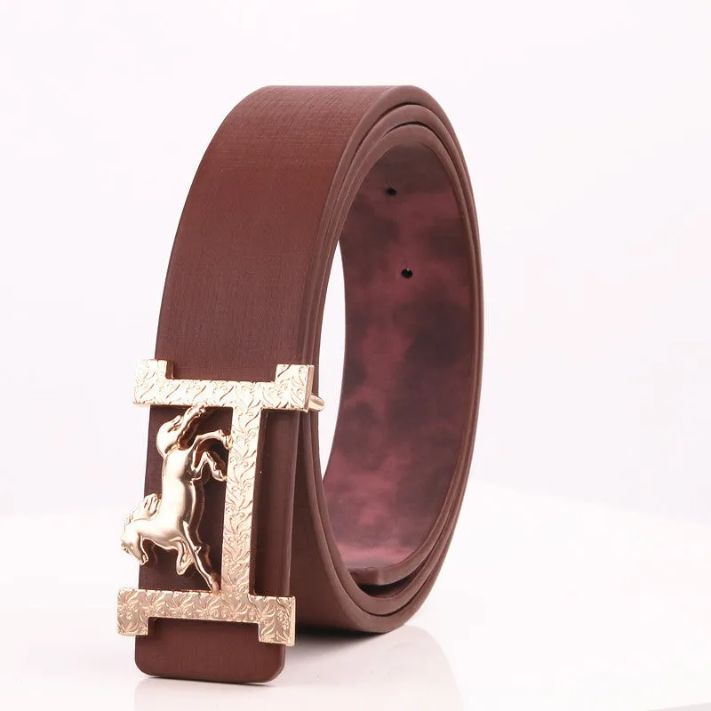 Real leather belt with horse gold buckle, 3.3cm width, available in multiple colours