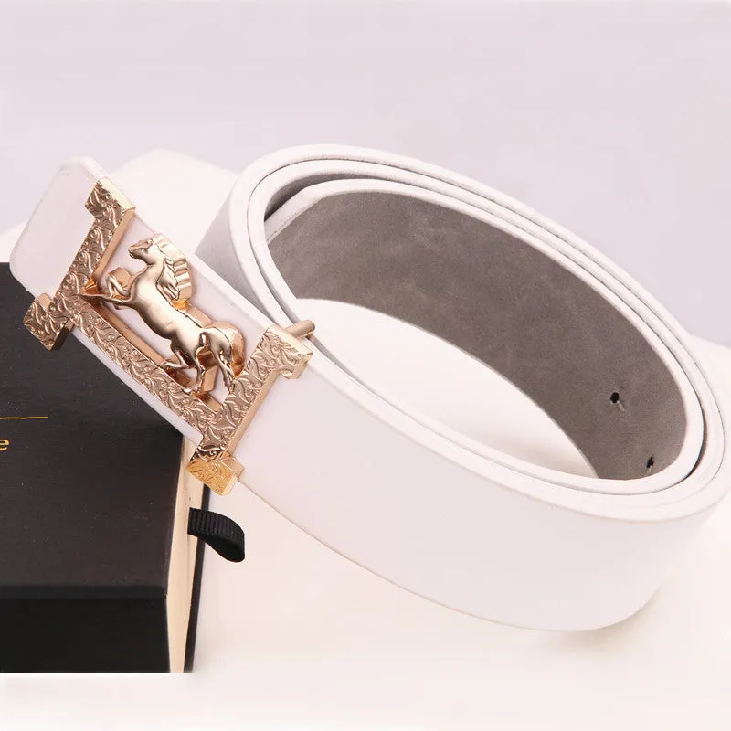 Real leather belt with horse gold buckle, 3.3cm width, available in multiple colours