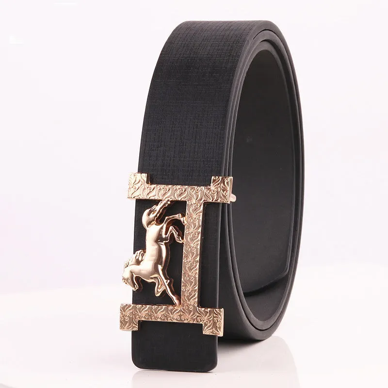 Real leather belt with horse gold buckle, 3.3cm width, available in multiple colours