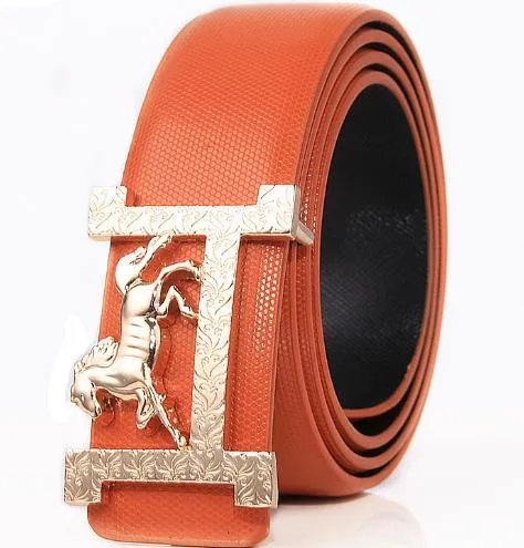 Real leather belt with horse gold buckle, 3.3cm width, available in multiple colours