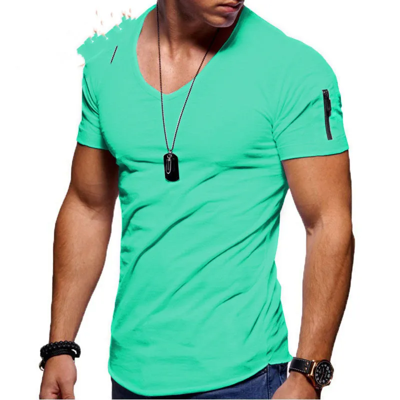 Men's V-neck short-sleeved slim fit youth shirt in a cotton-polyester blend, shown in white, black, and navy colours