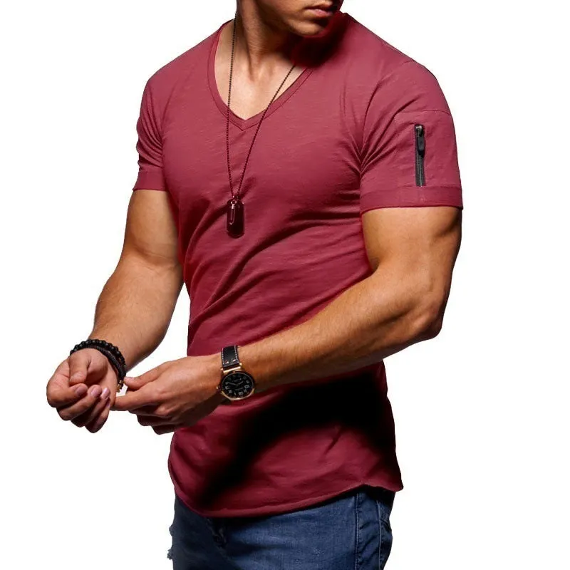 Men's V-neck short-sleeved slim fit youth shirt in a cotton-polyester blend, shown in white, black, and navy colours
