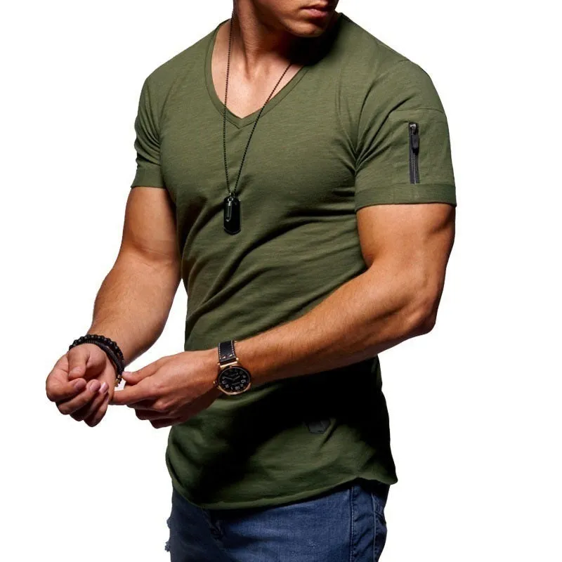 Men's V-neck short-sleeved slim fit youth shirt in a cotton-polyester blend, shown in white, black, and navy colours