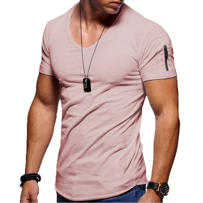 Men's V-neck short-sleeved slim fit youth shirt in a cotton-polyester blend, shown in white, black, and navy colours