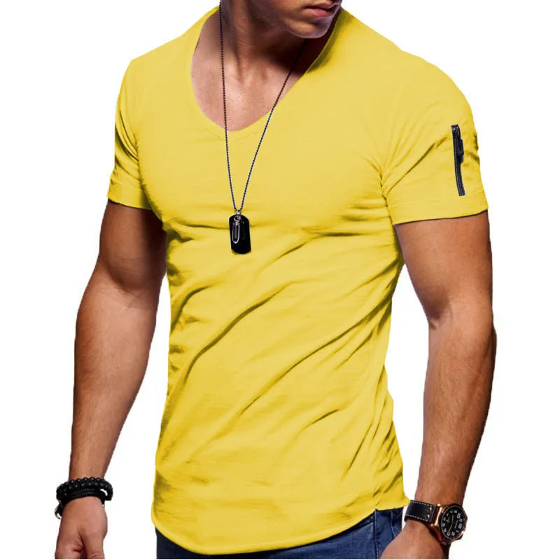 Men's V-neck short-sleeved slim fit youth shirt in a cotton-polyester blend, shown in white, black, and navy colours