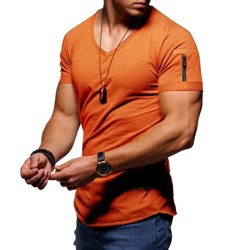 Men's V-neck short-sleeved slim fit youth shirt in a cotton-polyester blend, shown in white, black, and navy colours