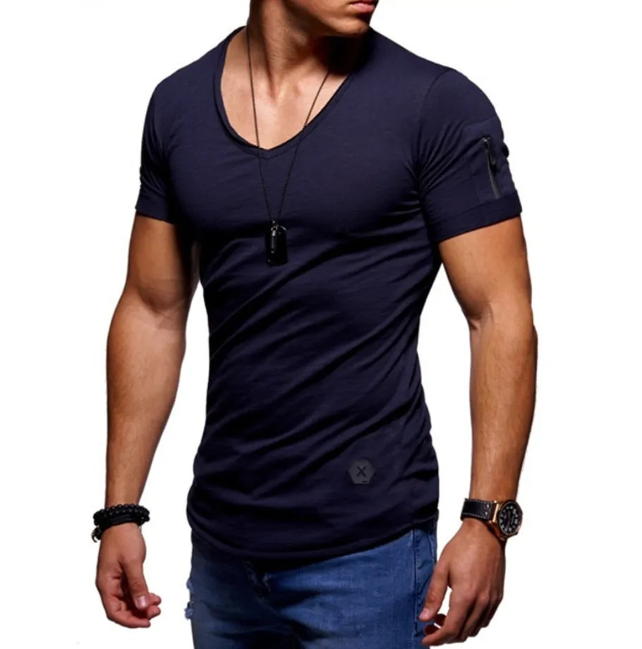 Men's V-neck short-sleeved slim fit youth shirt in a cotton-polyester blend, shown in white, black, and navy colours